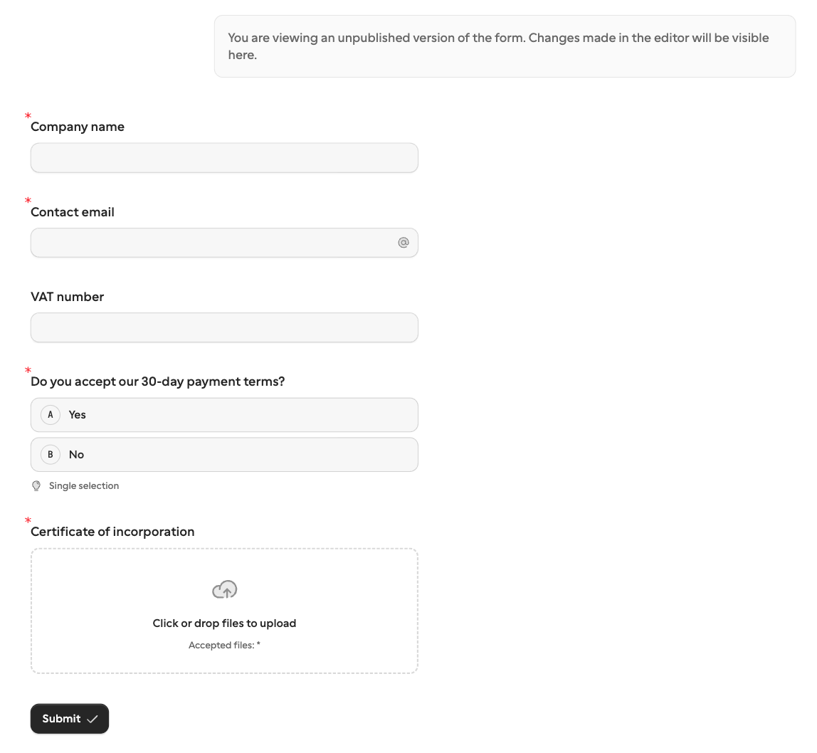 The preview of the Supplier onboarding draft after the change: a note that this is an unpublished version, then Company name, Contact email, VAT number, a Yes or No question about 30-day payment terms, a Certificate of incorporation upload, and a Submit button