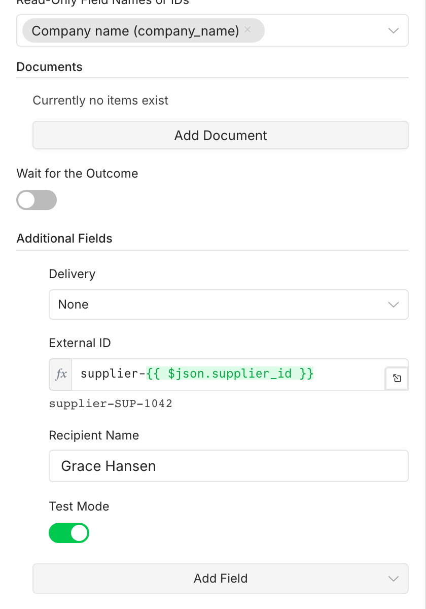 Further down the Create request node: Read-Only Field Names or IDs with Company name (company_name), an empty Documents list, the Wait for the Outcome switch off, and Additional Fields with Delivery None, External ID supplier-{{ $json.supplier_id }}, Recipient Name Grace Hansen and Test Mode on