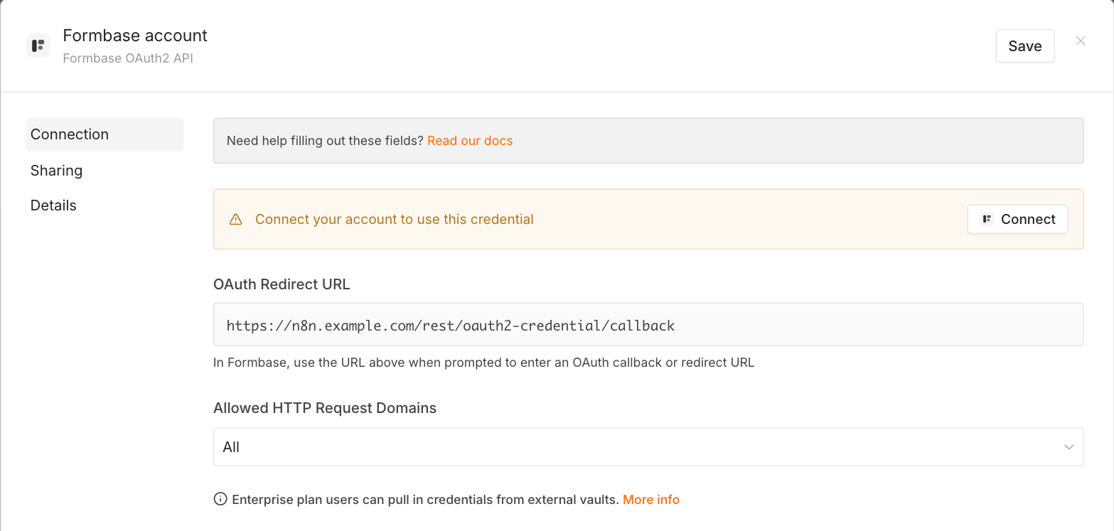 The Formbase OAuth2 API credential: a Connect button, the OAuth Redirect URL https://n8n.example.com/rest/oauth2-credential/callback, and Allowed HTTP Request Domains set to All