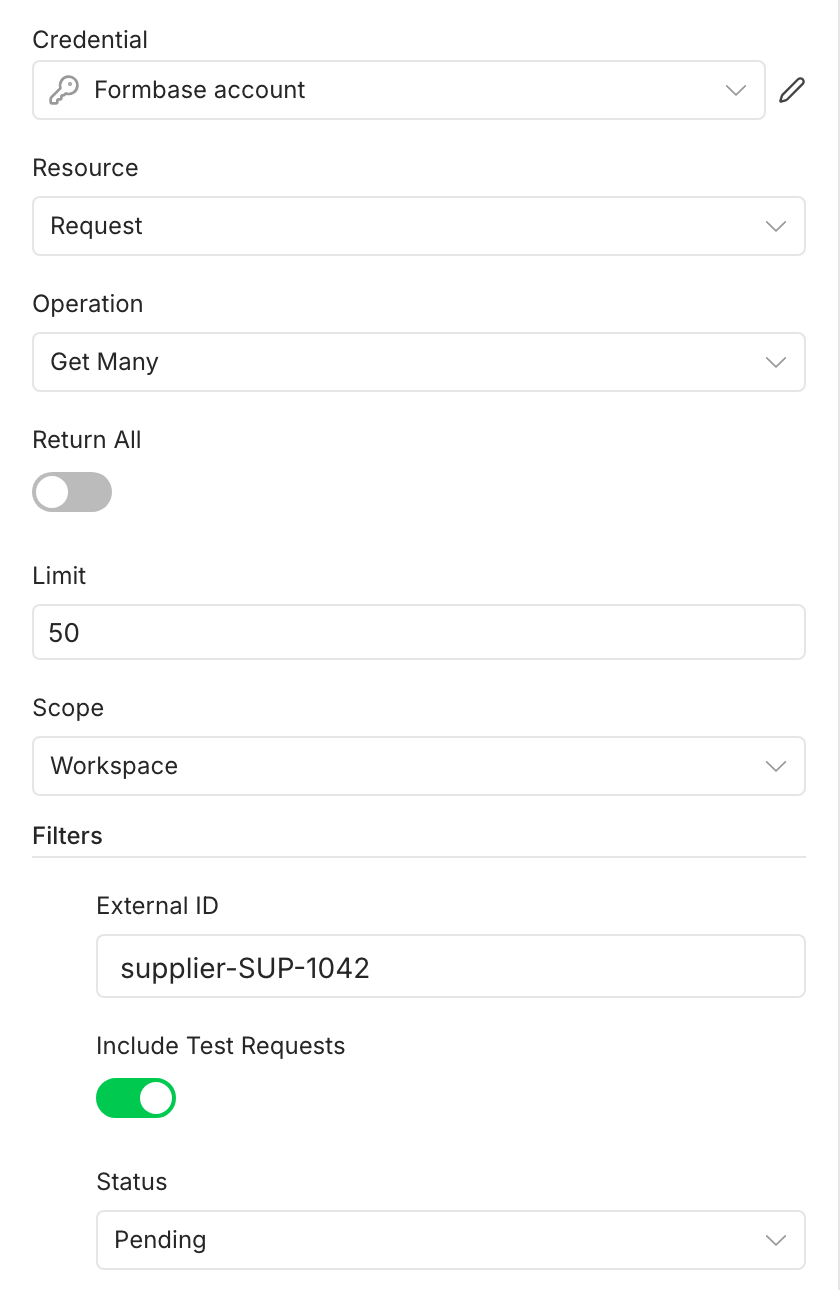 The Get many requests node: Operation Get Many, Return All off, Limit 50, Scope Workspace, and Filters with External ID supplier-SUP-1042, Include Test Requests on and Status Pending