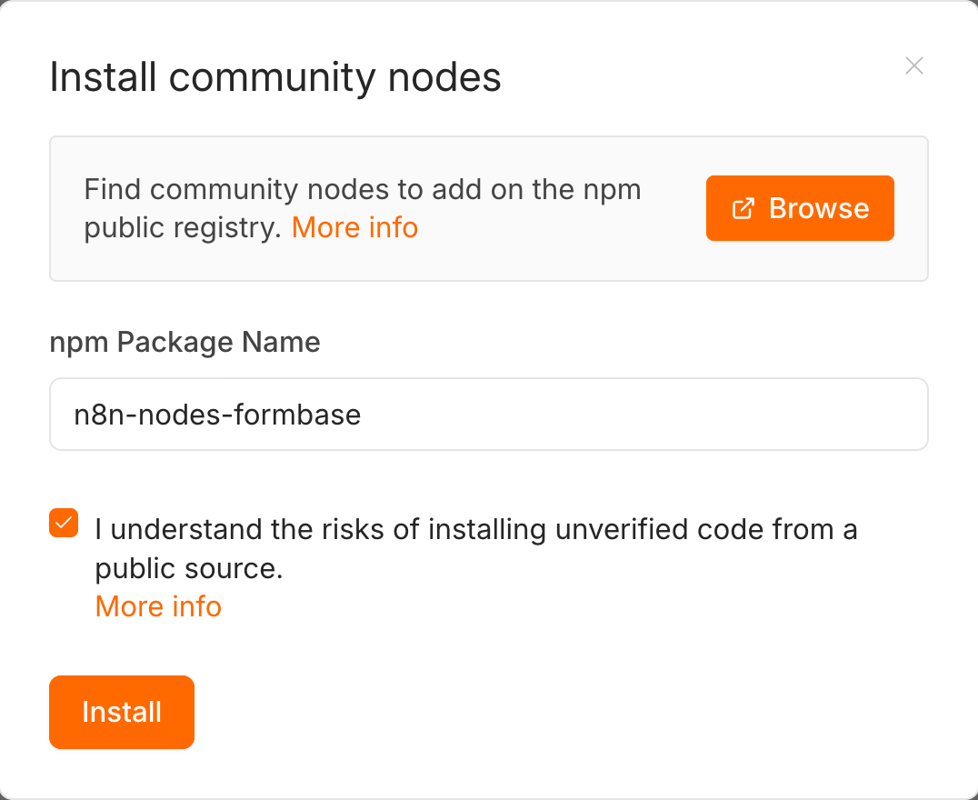 The Install community nodes dialog: npm Package Name n8n-nodes-formbase, the risk checkbox ticked, and an Install button