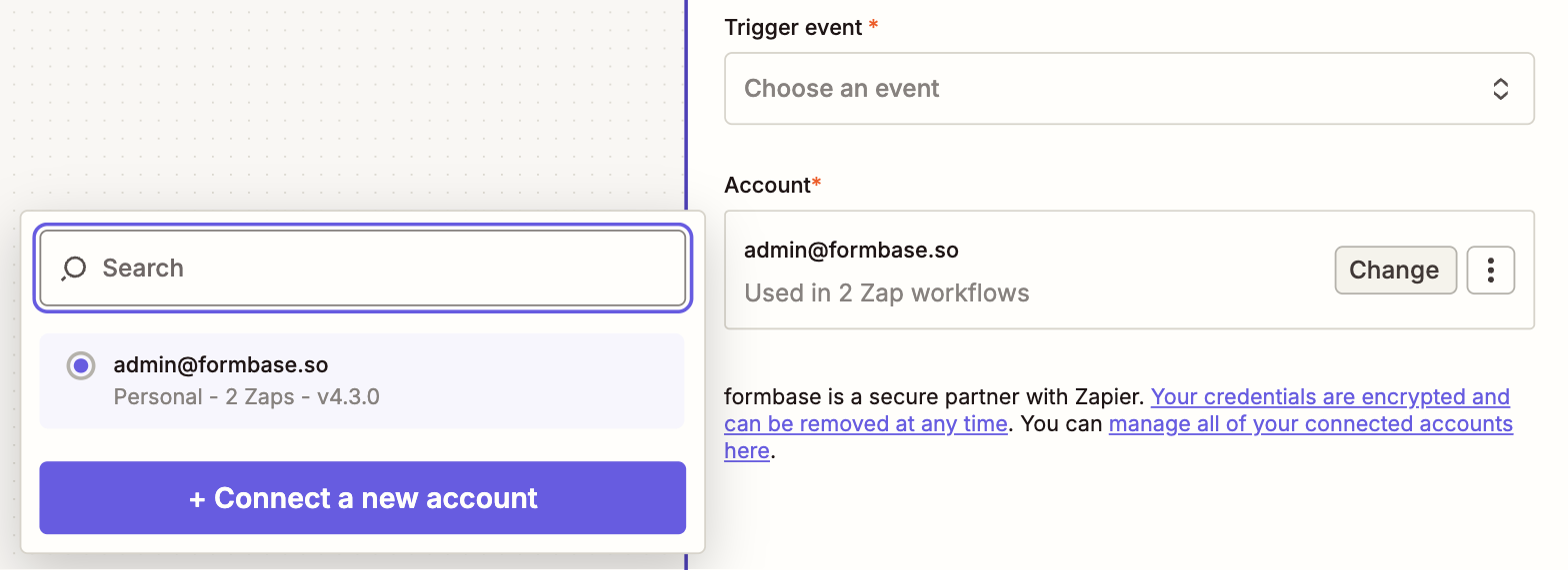 The Account field in a Zap step showing the connected formbase account, with the account picker open listing admin@formbase.so and a Connect a new account button