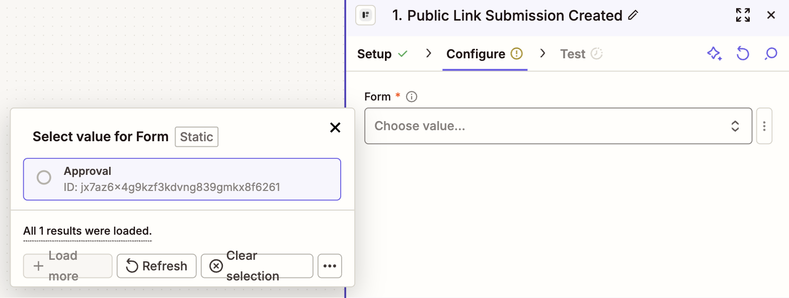 The Configure step with the Form dropdown open, listing the Approval form and its id