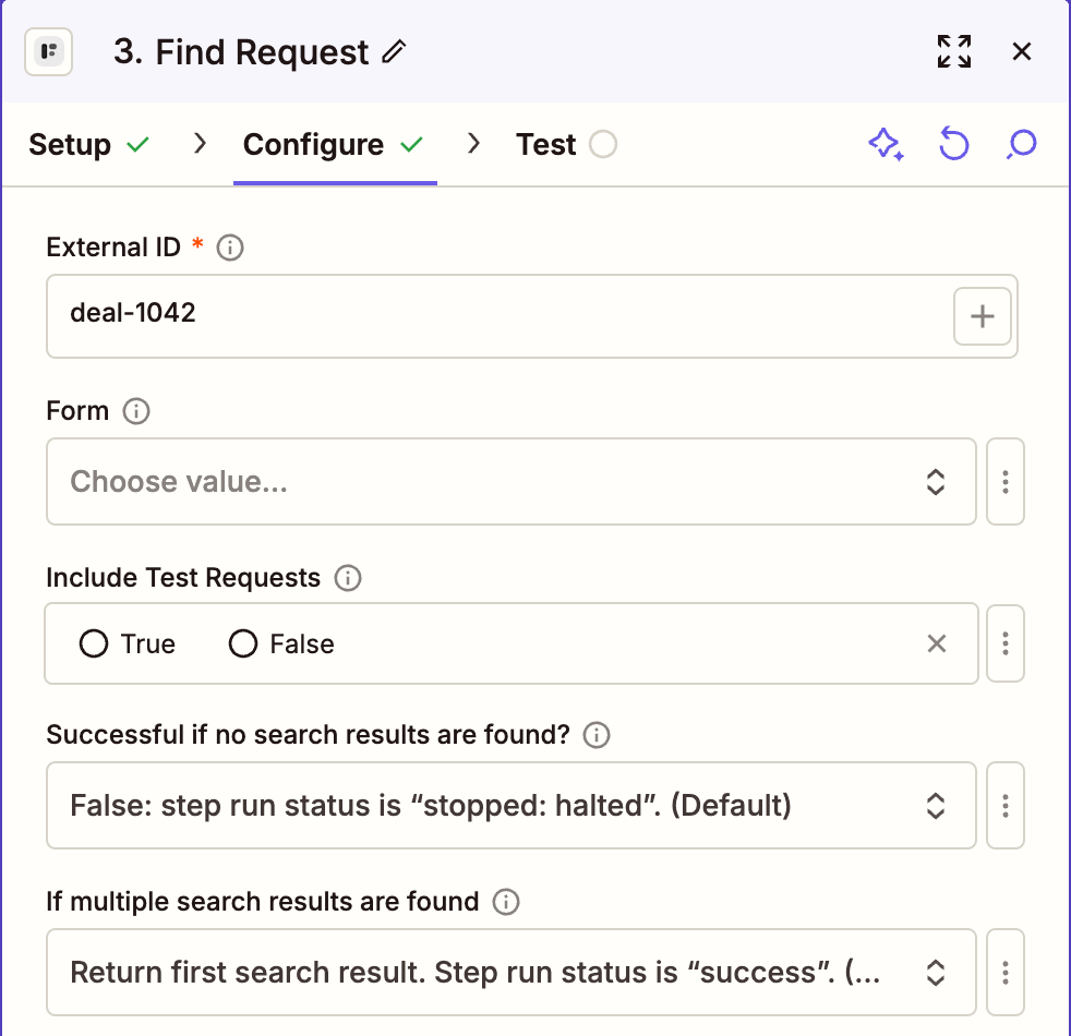The Find Request step: External ID deal-1042, Form empty, Include Test Requests empty, and Zapier's options for no results and multiple results