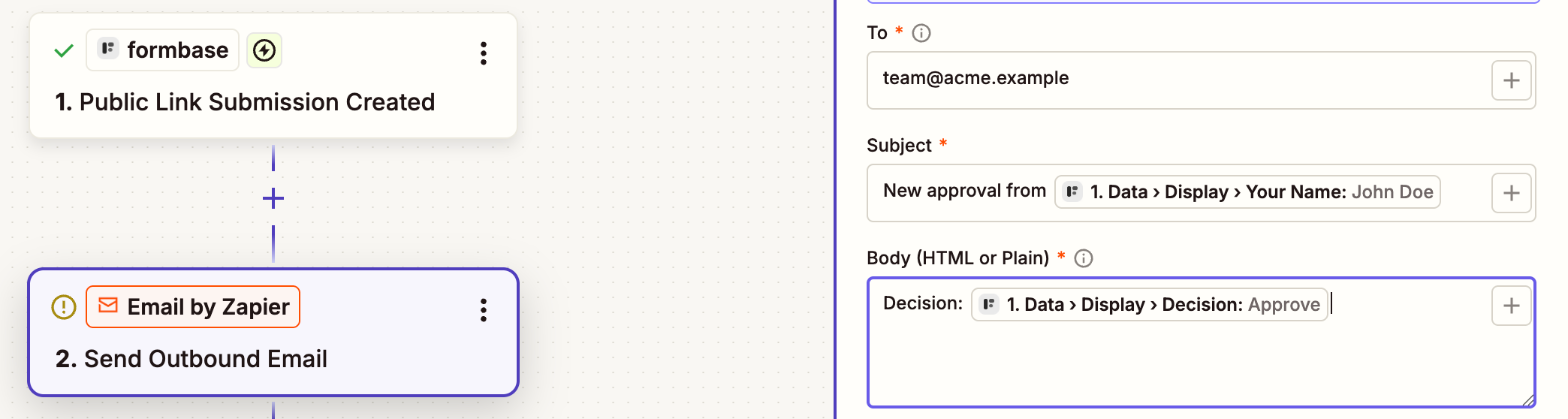 The Send Outbound Email step: To team@acme.example, Subject 'New approval from' followed by Data › Display › Your Name, Body 'Decision:' followed by Data › Display › Decision