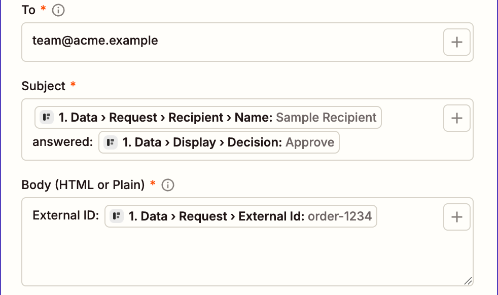 The Send Outbound Email step: Subject is Data › Request › Recipient › Name, the word answered, then Data › Display › Decision; Body is External ID followed by Data › Request › External Id
