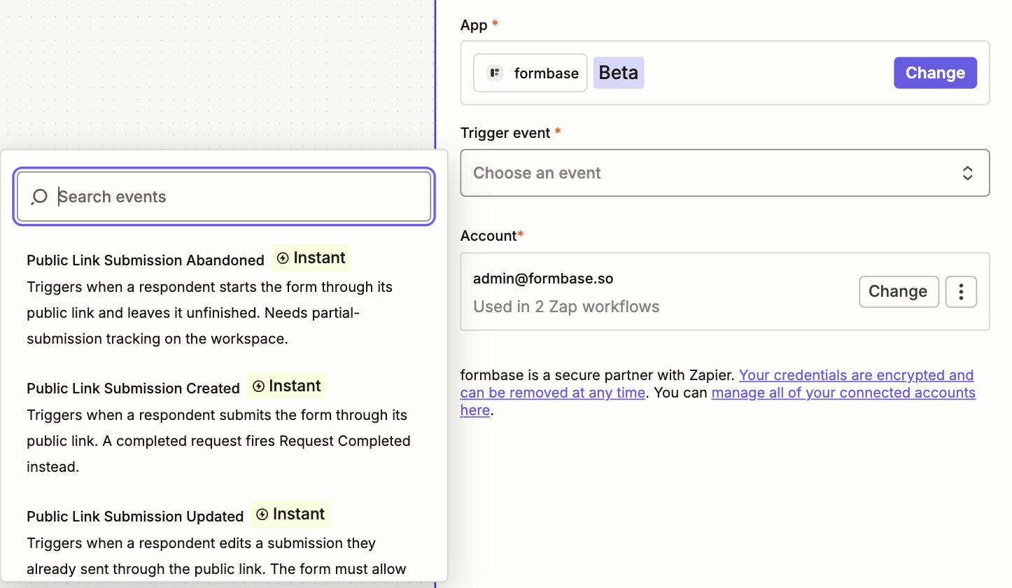 The formbase app selected in a Zap step, with the Trigger event list open showing Public Link Submission Abandoned, Created and Updated