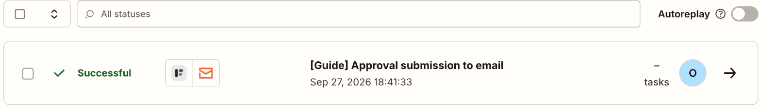 Zap history showing a Successful run of the Approval submission to email Zap