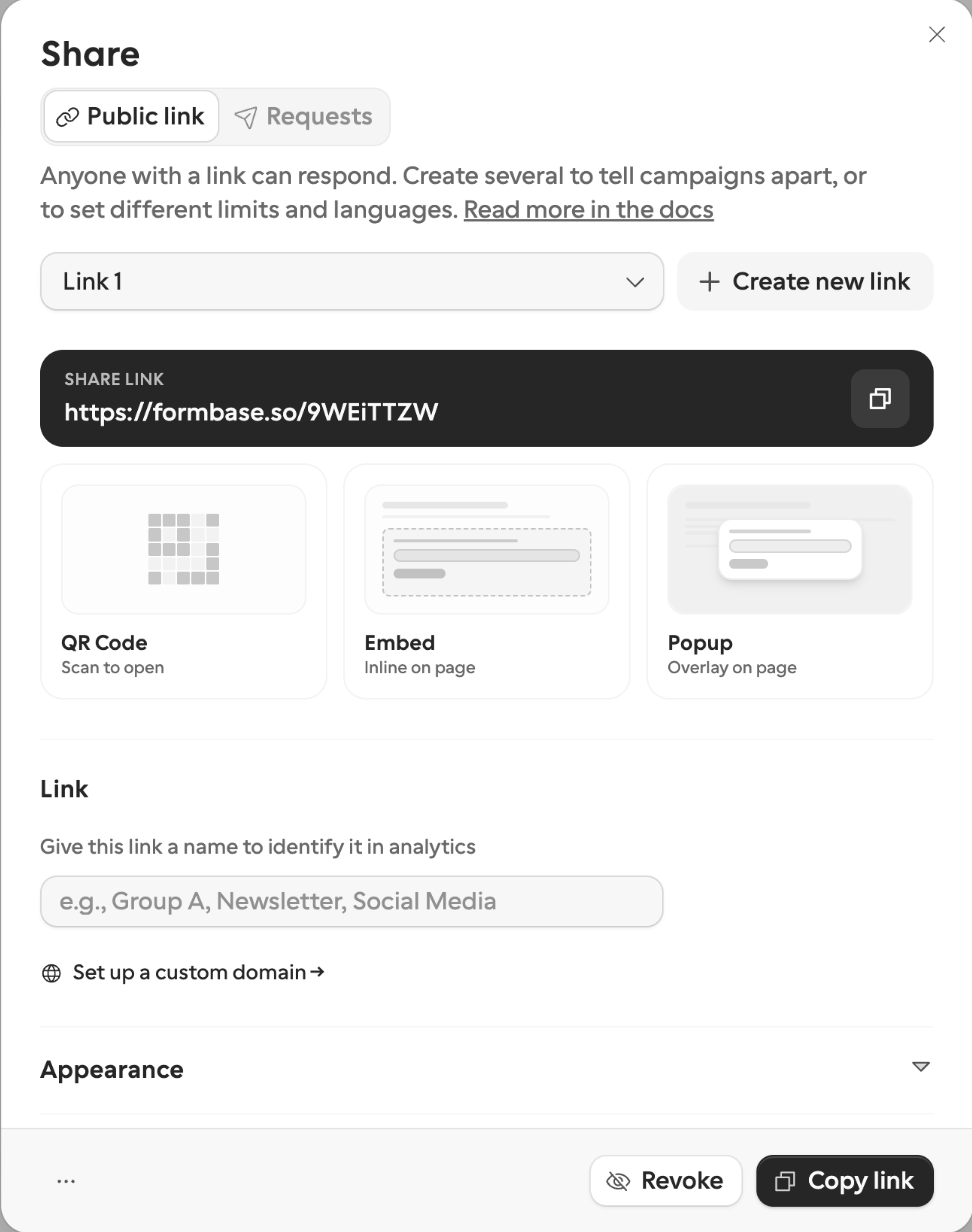 The Share sheet on the Public link tab with the link and the QR Code, Embed, and Popup cards