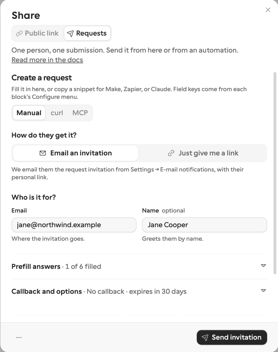 The Share sheet on the Requests tab with the Manual form filled in